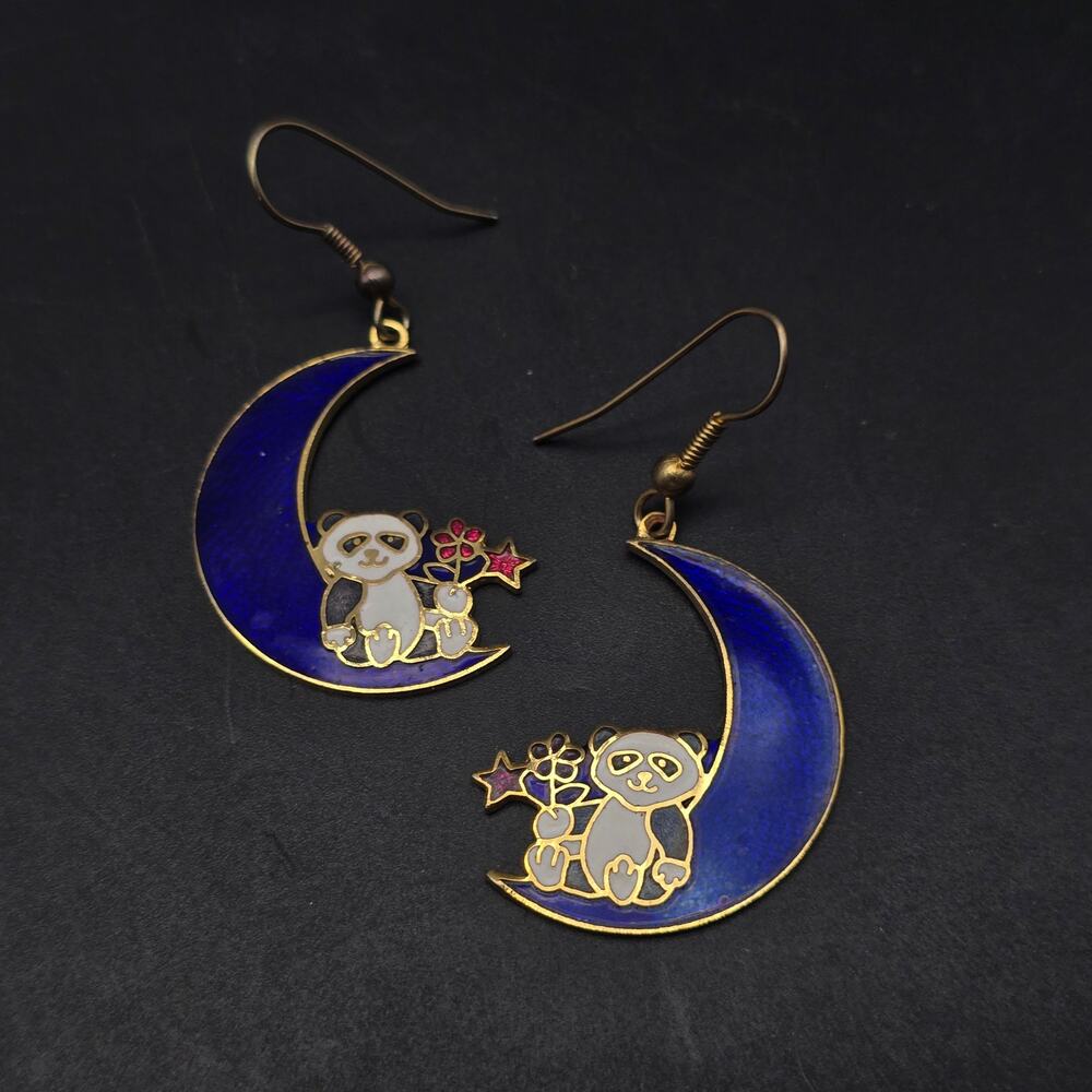 Cloisonne Panda Bears on Moon Earrings Enamel 1980s Vintage Jewelry - Picture 5 of 7
